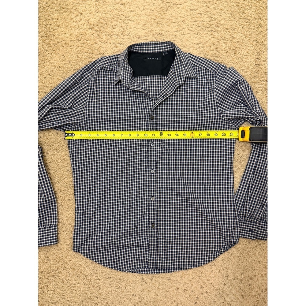 Theory Mens Navy Blue White Gingham Check Button Down Shirt Size M Long Sleeve - Picture 5 of 5